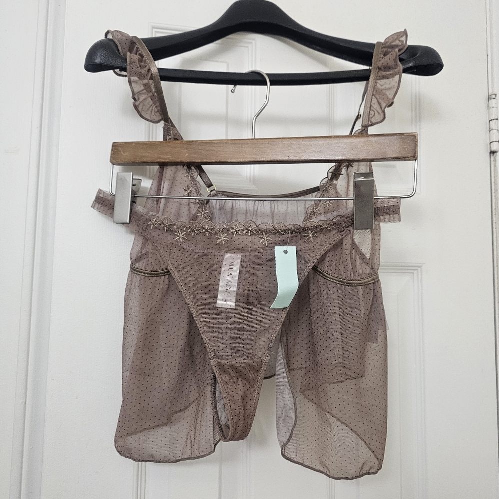 NWT Mila Mae Sheer Brown Polka Dot Lingerie Set, Sz M
